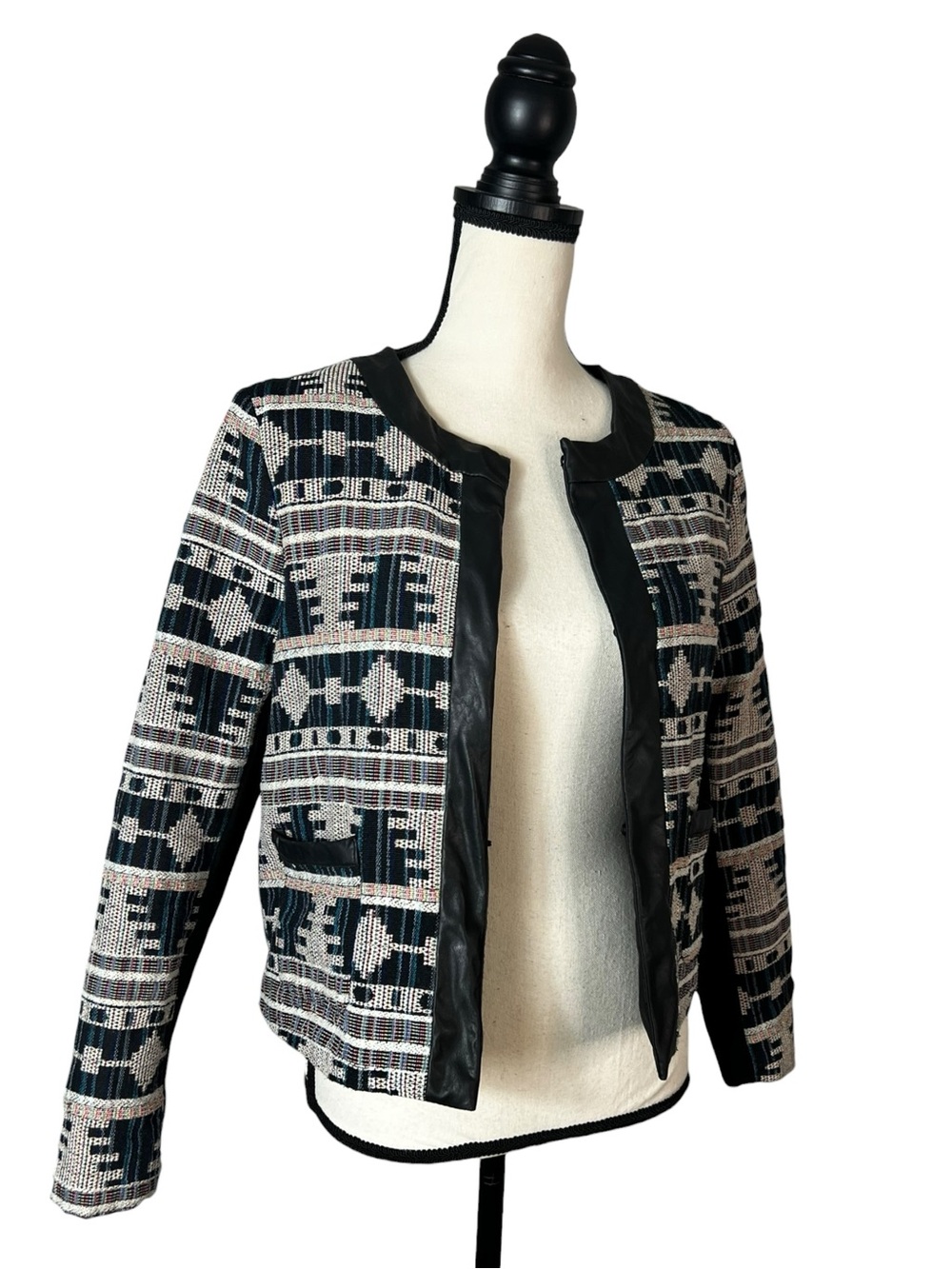 In Vogue Paris Black Cream Tweed Blazer Faux Leather Trim Jacket Office